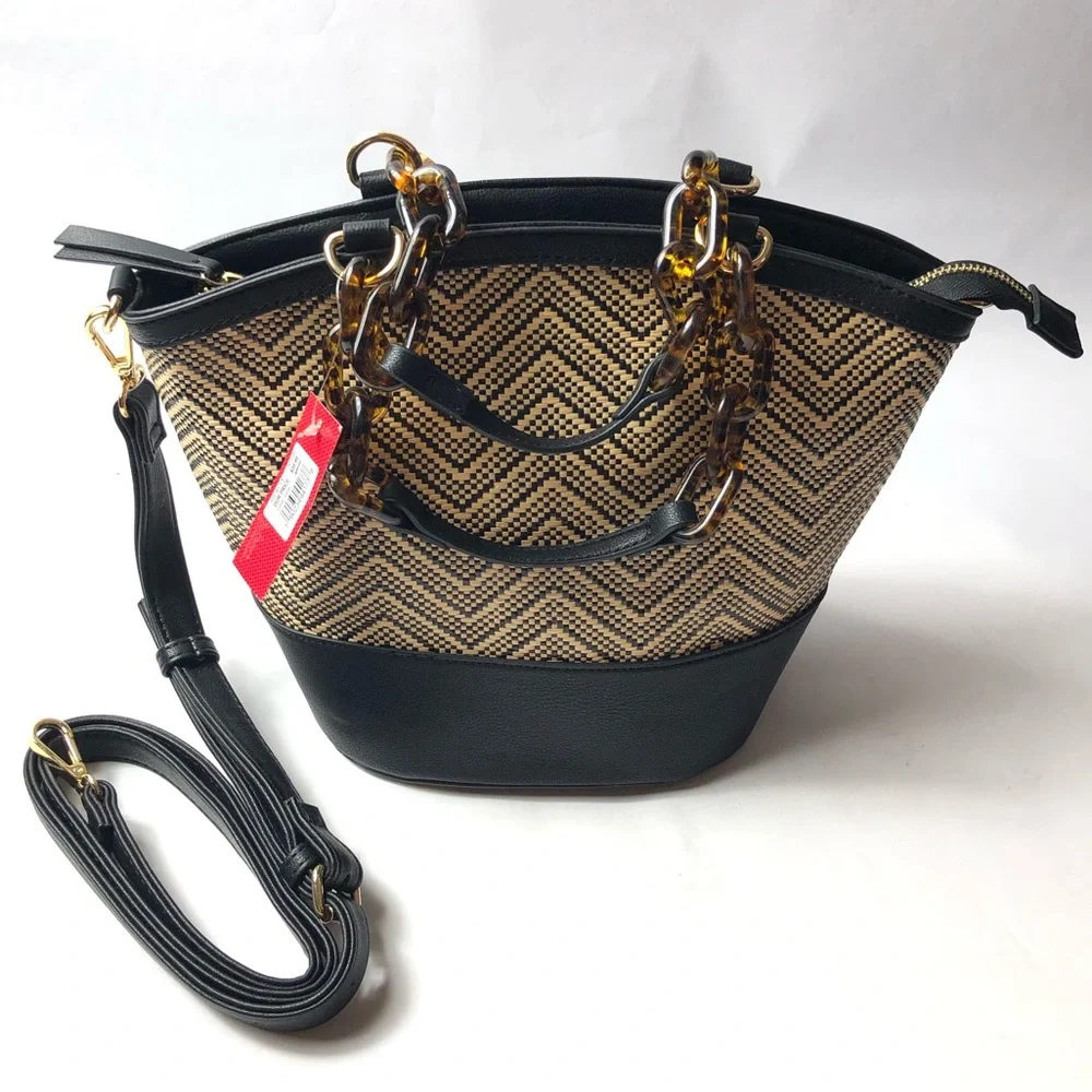Kelly & Katie Black and Tan Woven Satchel with Tortoiseshell Chain